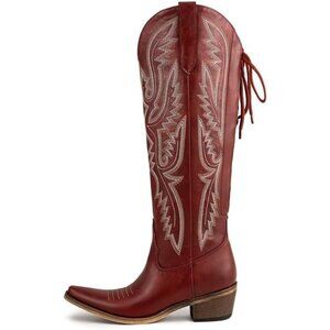 ⚡Women's Red Knee High Wide Calf Lace Up Embroidered Cowgirl Boots Pull On